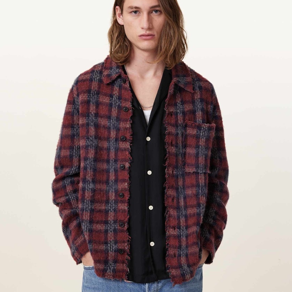 Allsaints Men’s Austin Checked Brushed Cardigan Wool Blend Red - XL